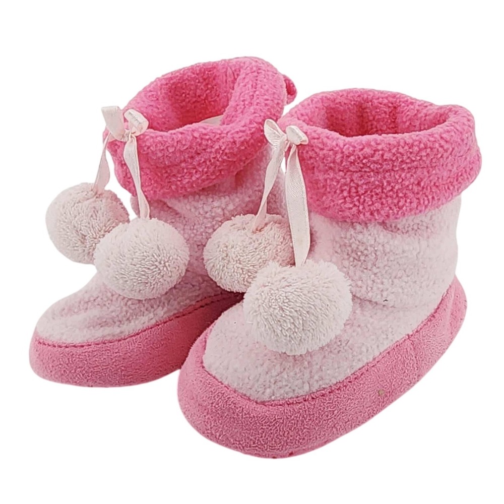 Baby Girl Pink Fleece Pom Pom Slipper‎ Booties Non-Slip XS 3-4 Infant Shoes
